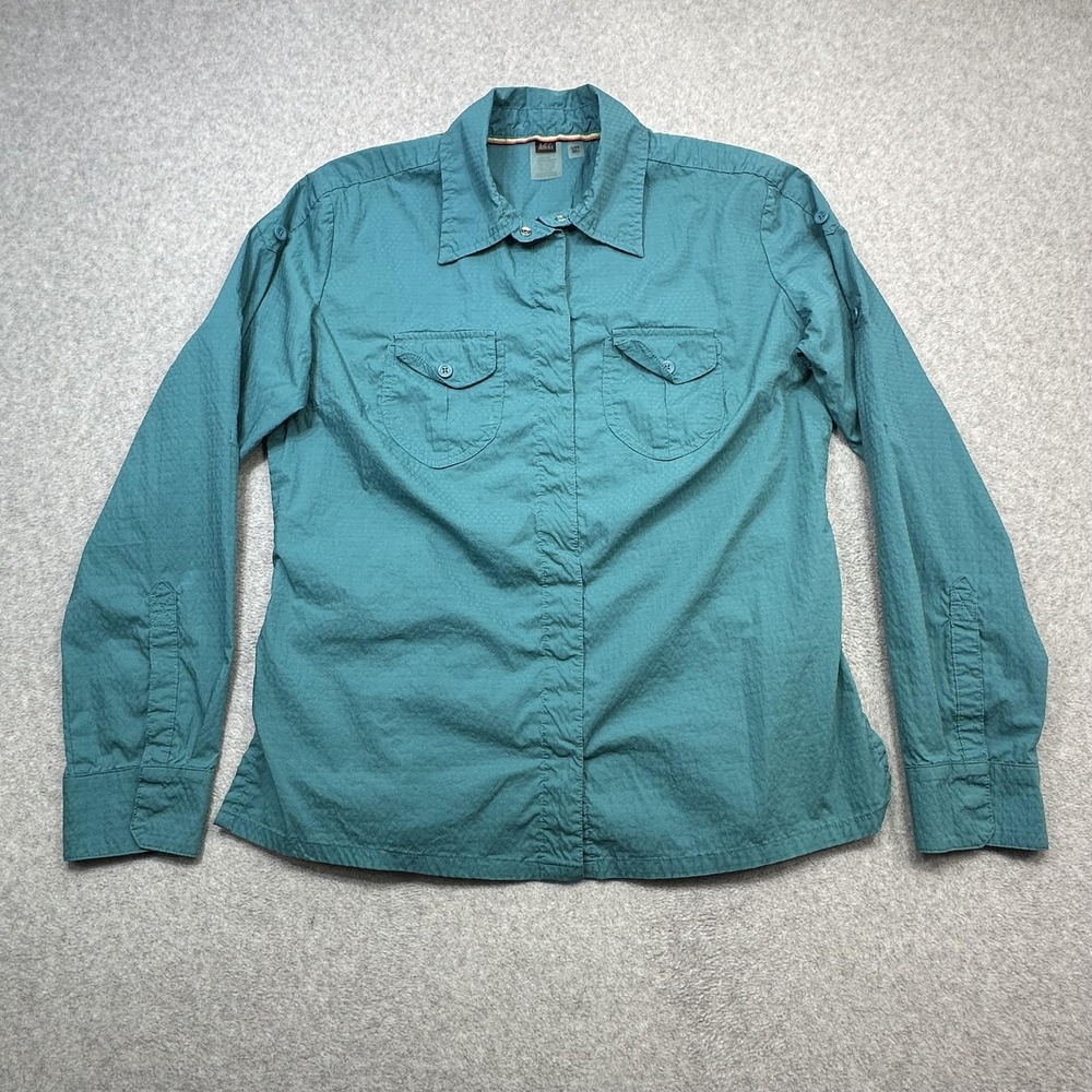 REI Shirt Womens Large Blue Green Long Sleeve Snap Front Hiking Outdoor UPF 30
